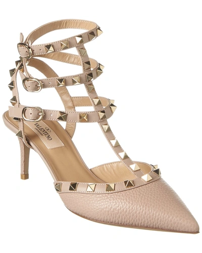 Shop Valentino Rockstud Caged 65 Grainy Leather Ankle Strap Pump In Beige