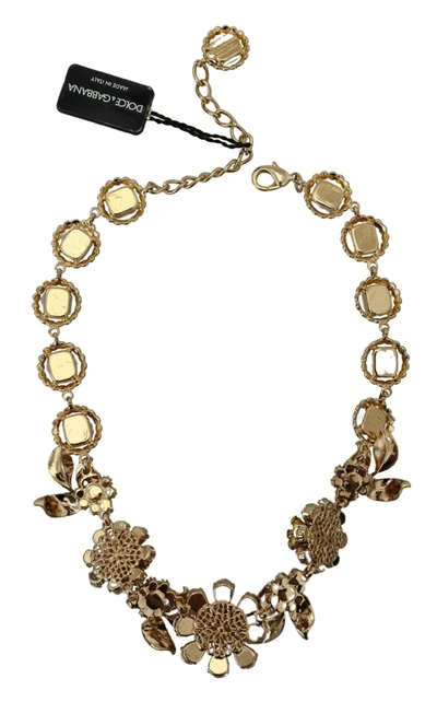 Shop Dolce & Gabbana Gold Brass Crystal Logo Floral Statement Women's Necklace
