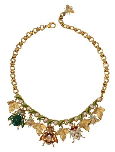 Shop Dolce & Gabbana Gold Brass Crystal Logo Bug Floral Statement Women's Necklace