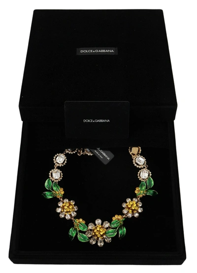 Shop Dolce & Gabbana Gold Brass Crystal Logo Floral Statement Women's Necklace