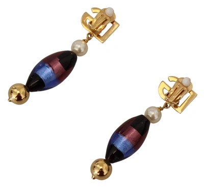 Shop Dolce & Gabbana Gold Plated Brass Glass Design Dangling Women's Earrings