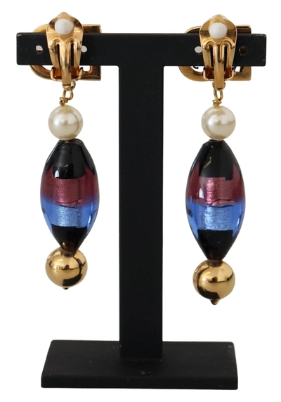 Shop Dolce & Gabbana Gold Plated Brass Glass Design Dangling Women's Earrings