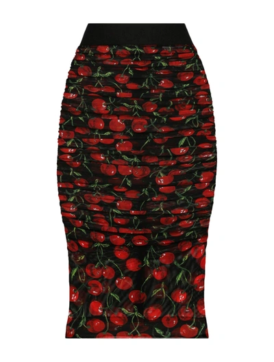 Shop Dolce & Gabbana Cherry-print Ruched Pencil Skirt In Black