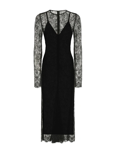 Shop Dolce & Gabbana Longuette Dress In Chantilly Fil Coupè Lace In Black
