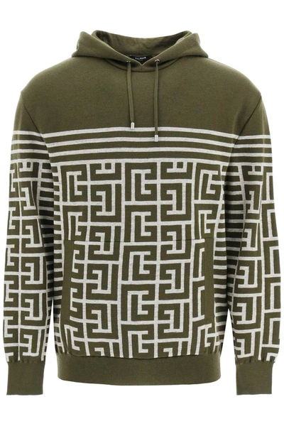 Balmain Military Green Hoodie With Monogram And Stripes In Wool And Linen Man In Green