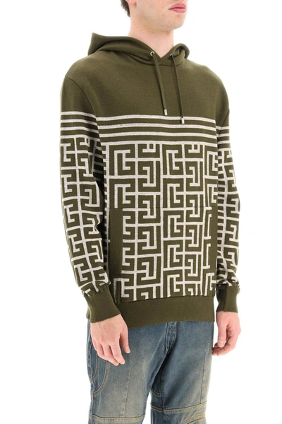 Shop Balmain Striped Monogram Knit Hoodie In Green