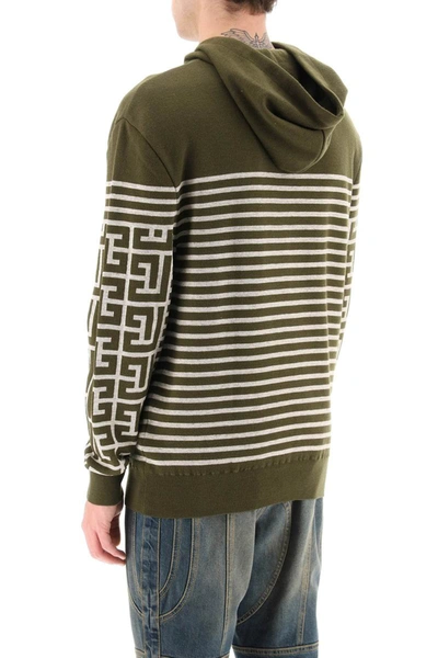 Balmain Military Green Hoodie With Monogram And Stripes In Wool And Linen Man In Green