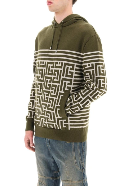 Balmain Military Green Hoodie With Monogram And Stripes In Wool And Linen Man In Green