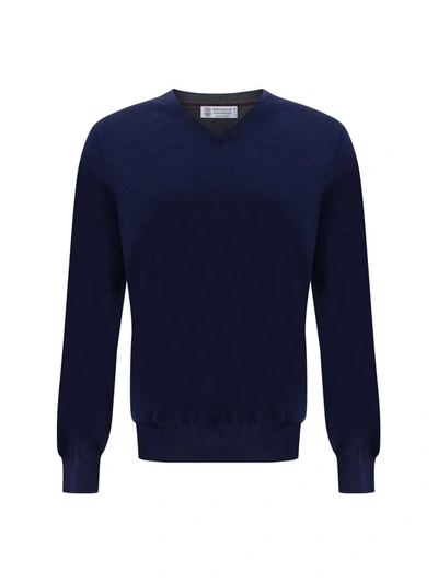 Brunello Cucinelli Men Ultrafine Virgin Wool Sweater In Blue