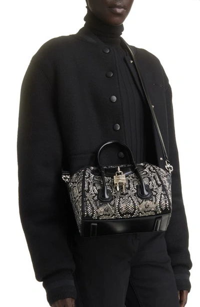 Shop Givenchy Mini Antigona Lock Crystal Embellished Satin Satchel In Black