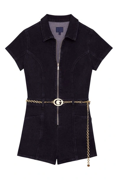 Guess Ember Belted Stretch Denim Romper In Blue