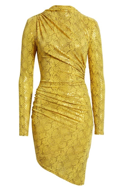 Nikki Lund Goldie Sequin Ruched Asymmetric Long Sleeve Dress In Gold