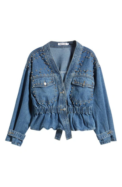 Nikki Lund Alina Stud Peplum Denim Jacket In Blue