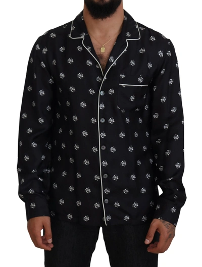 Shop Dolce & Gabbana Black Printed Collared Men Long Sleeve Pajama Top