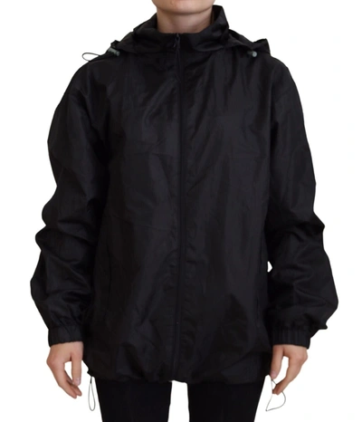 Shop Dolce & Gabbana Black Printed Nylon Hooded Bomber Jacket
