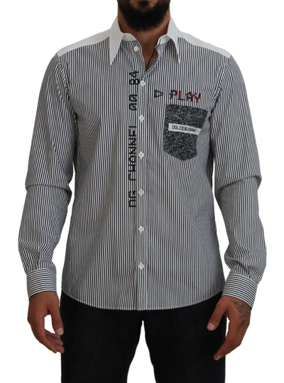 Shop Dolce & Gabbana Black White Striped Printed Casual Cotton Shirt