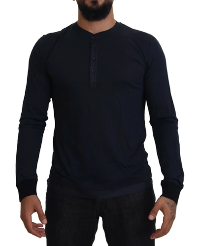 Shop Dolce & Gabbana Blue Cotton Button Crewneck Pullover Sweater