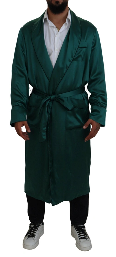 Shop Dolce & Gabbana Green Silk Waist Belt Robe Sleepwear