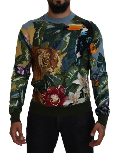 Shop Dolce & Gabbana Multicolor Jungle Wool Pullover Logo Sweater