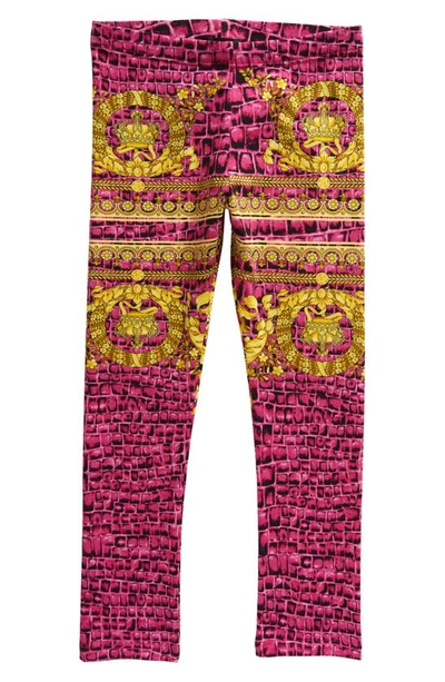Shop Versace Kids' Barocco Cocco Stretch Cotton Leggings In Waterlily Black Gold