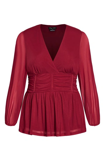City Chic Rapture Ruched Chiffon Top In Ruby