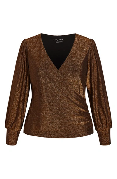 City Chic Glowing Shimmer Faux Wrap Top In Bronze