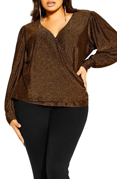 City Chic Glowing Shimmer Faux Wrap Top In Bronze