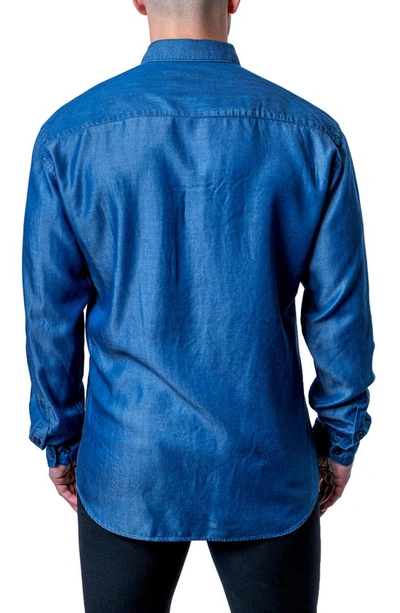 Shop Maceoo Fibonacci Shiny Denim Blue Button-up Shirt