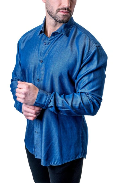 Shop Maceoo Fibonacci Shiny Denim Blue Button-up Shirt