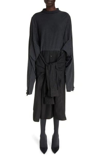 Shop Balenciaga Patched Mixed Media Long Sleeve Cotton T-shirt Dress In Black