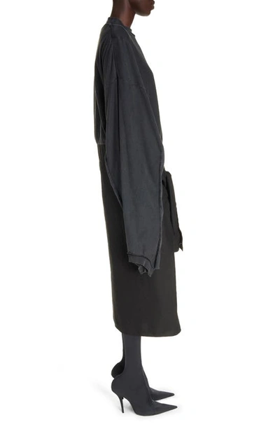 Shop Balenciaga Patched Mixed Media Long Sleeve Cotton T-shirt Dress In Black