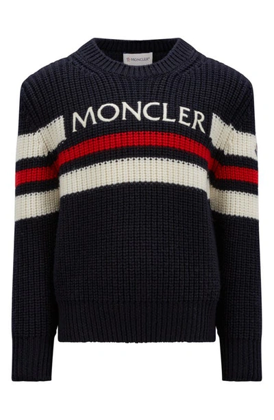 Shop Moncler Kids' Stripe Embroidered Logo Virgin Wool Sweater In Blue Navy