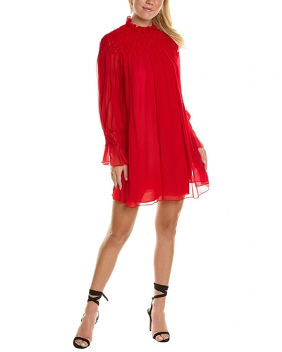 Shop Rebecca Taylor Diamond Smocked Mock Neck Silk Dress In Red
