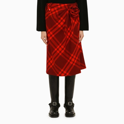 Shop Burberry Red Check Midi Skirt