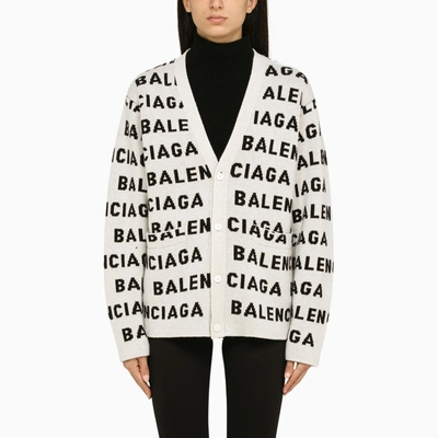 Shop Balenciaga White/black All-over Logo Cardigan Sweater