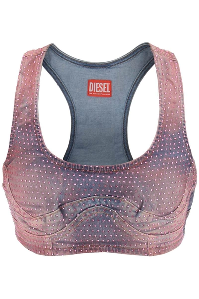 Shop Diesel De-toppy-fsd Denim Cropped Top With Rhinestones In Pink