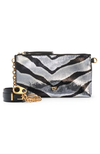 Shop Tom Ford Carine Sequin Zebra Stripe Clutch With Removable Cuff In 7ng01 Black/ Silver/ Black