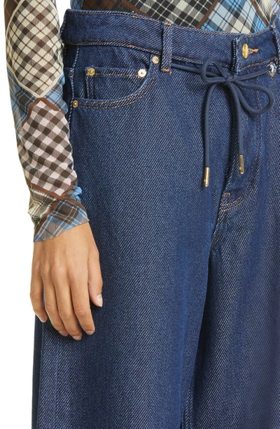 Shop Ganni Wide Leg Organic Cotton Drawstring Jeans In Rinse