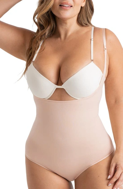 Shop Shapermint Essentials Open Bust Shaper Bodysuit In Oatmeal