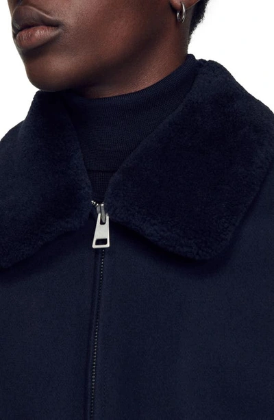 Shop Sandro Aviator Genuine Shearling Collar Wool Blend Bomber Jacket In Navy Blue