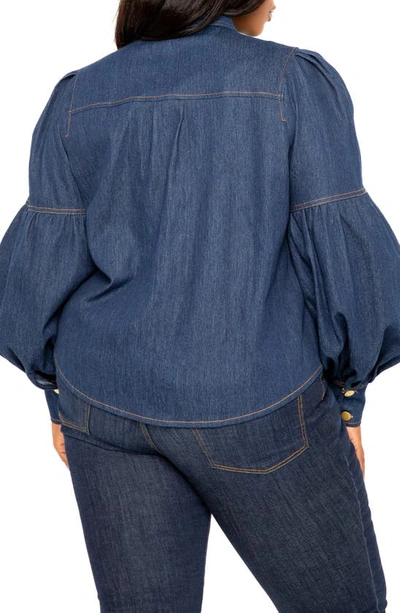 Shop Buxom Couture Bow Neck Puff Shoulder Denim Shirt In Denim Blue