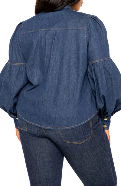 Buxom Couture Bow Neck Puff Shoulder Denim Shirt In Denim Blue