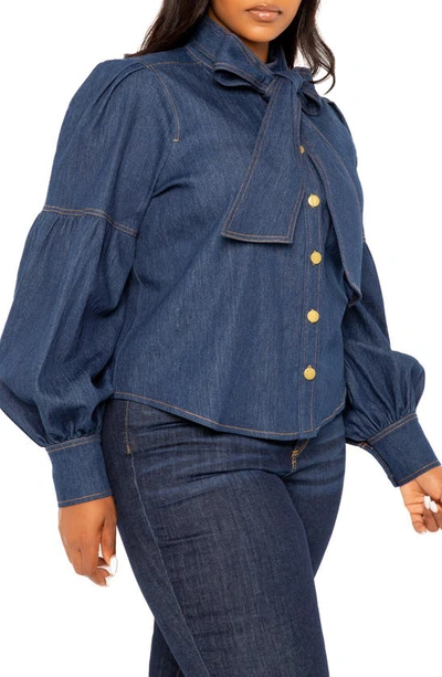 Buxom Couture Bow Neck Puff Shoulder Denim Shirt In Denim Blue
