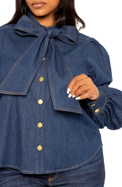 Shop Buxom Couture Bow Neck Puff Shoulder Denim Shirt In Denim Blue