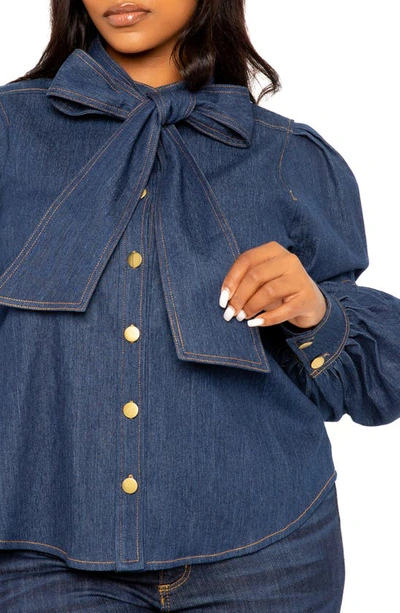 Buxom Couture Bow Neck Puff Shoulder Denim Shirt In Denim Blue