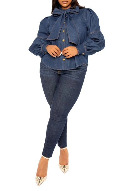 Buxom Couture Bow Neck Puff Shoulder Denim Shirt In Denim Blue