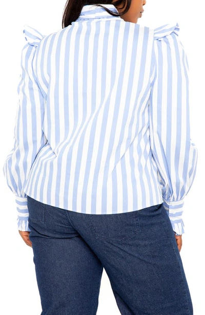 Shop Buxom Couture Stripe Ruffle Bow Neck Shirt In Blue