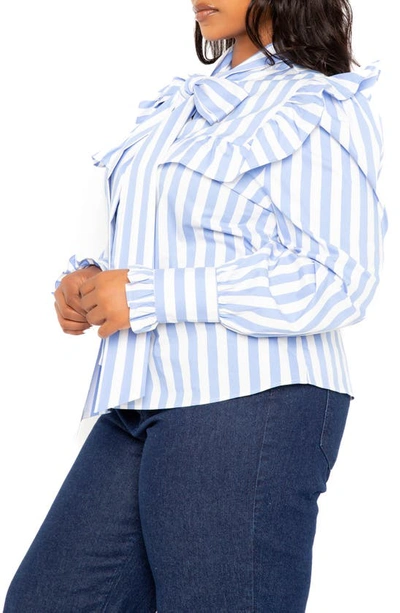 Shop Buxom Couture Stripe Ruffle Bow Neck Shirt In Blue
