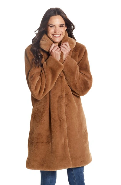 Gallery Hooded Faux Fur Coat In Cognac