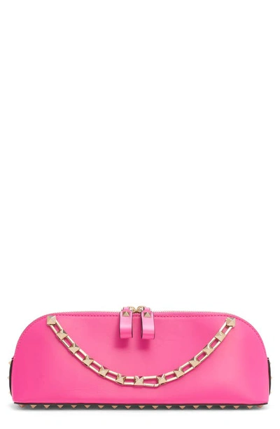 VALENTINO GARAVANI Rock Studs Leather Clutch Bag Shocking Pink